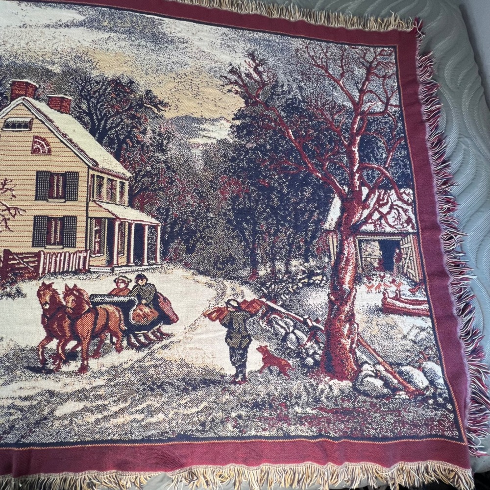 Vintage Winter Sleigh Scene Woven Tapestry Throw Blanket USA 48x60 Countryside - Picture 4 of 8